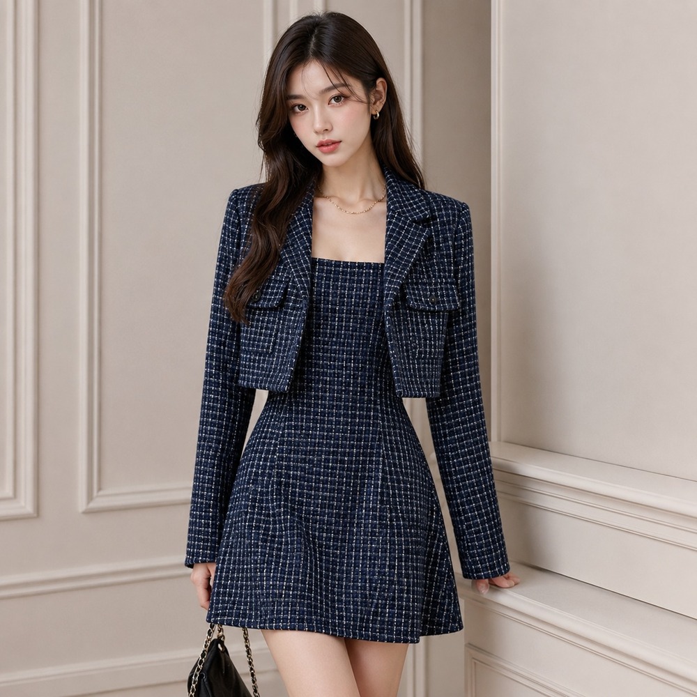 Cider Women's Mini Dress w/ Tweed Cropped Blazer Blue Plaid Polyester S